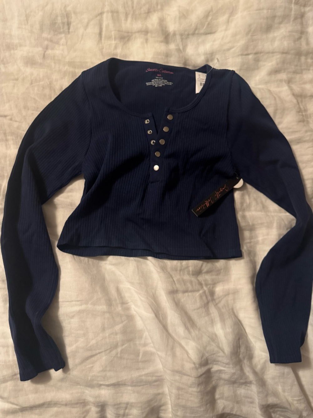 Girls Navy Long-Sleeve Ribbed Henley Top